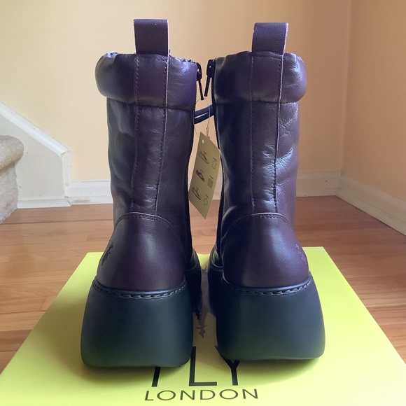 Fly London Daff Leather Wedge Combat Boot Dark Purple Sofia SZ 41/US 10 - Picture 12 of 16